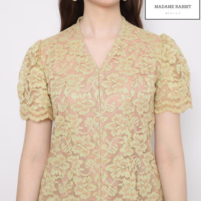 Blouse Kebaya Brokat Puff Hijau Lime Baju Atasan Polos Madame Rabbit Dress Wanita