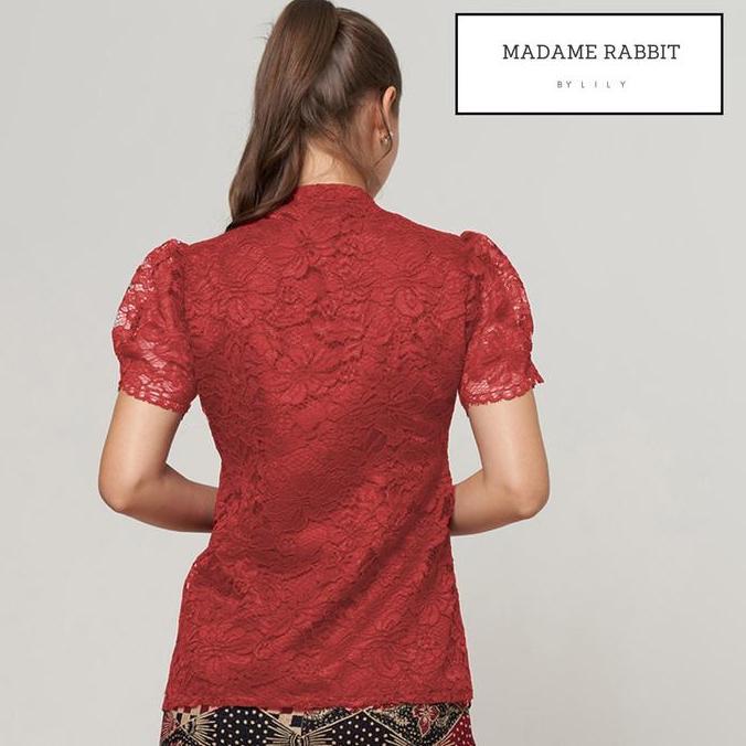 Blouse Kebaya Puff Brokat Merah Baju Pesta Atasan Polos Madame Rabbit Dress Kancing