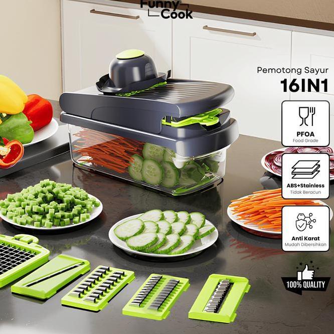 Exclusive Ameliakhyar Funnycook Parutan Sayur 16In1 Pemotong Serbaguna Kitchenware Alat Pemotong Say