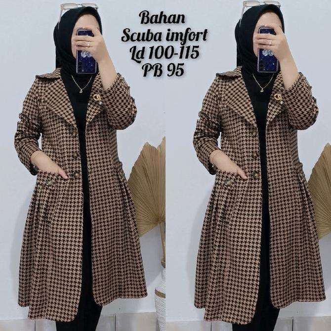 long blazer WANITA motif hs panjang selutut brown terbaru