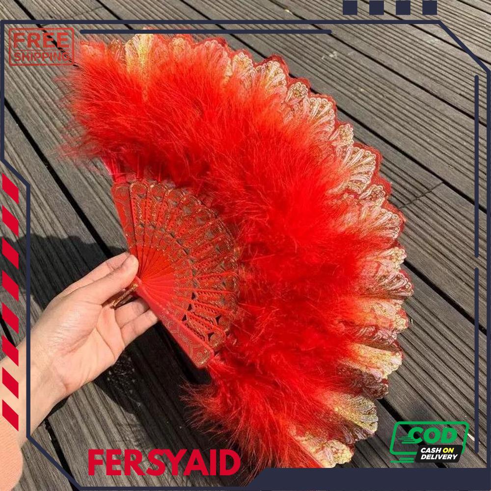 Kipas Tangan Lipat Bulu / Kipas Tari Merah Bulu / Kipas Lipat Tari Bulu Pentas - RO30-0512 2025 Bisa