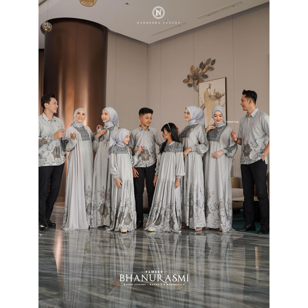 / BHANURASMI FAMSET ( BELUM TERMASUK SCARF ) (SALTED GREY) NADHEERA LUXURY / Gamis Sarimbit Lebaran 