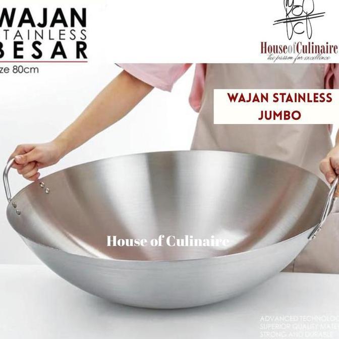 BEBAS ONGKIR - Wajan Besar Stainless Steel Jumbo 60cm 70 cm 80 cm Kuali Wok Tebal Penggorengan Masak
