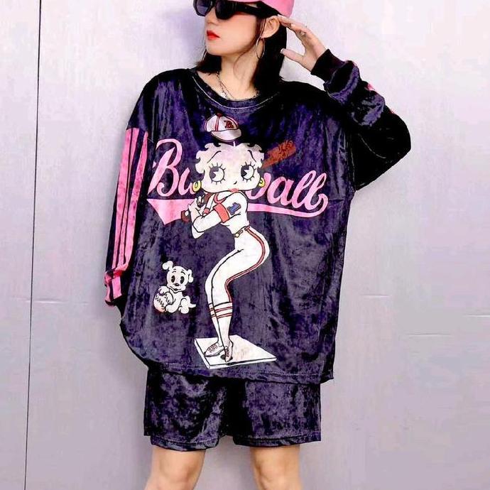 Terpopuler- Setelan Bludru Lengan Panjang + Celana Pendek Velvet Set