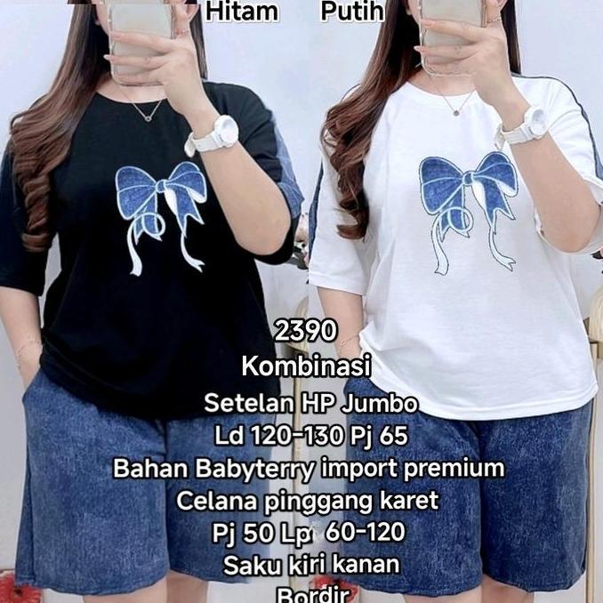 Terpopuler- Setelan Pendek Size Jumbo Bordir Baju Ld 120-135 Cm Celana Pinggang Karet 60-120 Cm Baha