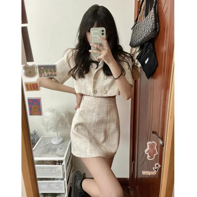 Tweed Mini Blazer with Skirt Set/Set Wanita Rajut Tweed Korea/Set Tweed Korea Chic Minimalis Setelan
