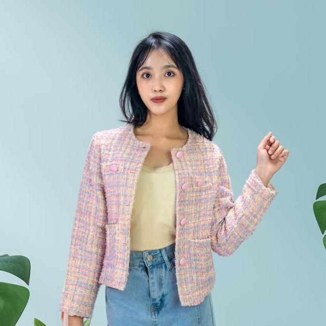 Outfitkekinian- Folady - P456 Atasan Blazer Tweed Rainbow Wanita Import Lengan Panjang Full Kancing 