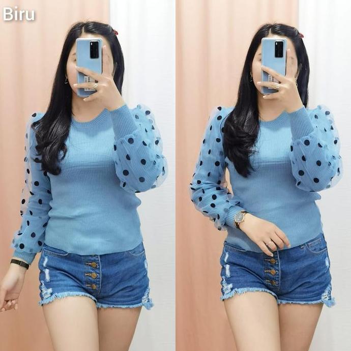 Best- GLIVEO (COD) - BLOUSE LENGAN BALON TILE POLKA KECIL RAJUT IMPORT / ATASAN RAJUT LENGAN PANJANG