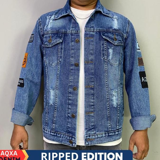 Mntp- Aqxa Jaket Denim Jeans Pria Motif Sobek Bordir Slimfit Murah Keren Tebal Warna Biowash Jacket 