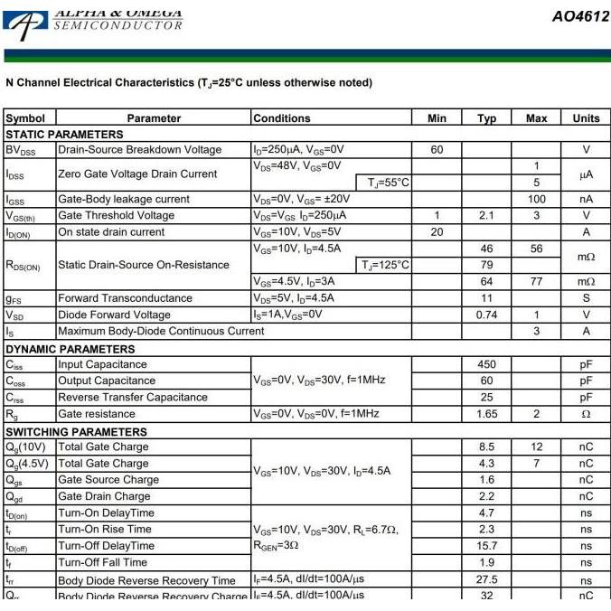 Good- AO4612 60V N-Channel & P-Channel Mosfet 4612 SOIC-8 Alpha Omega Origin