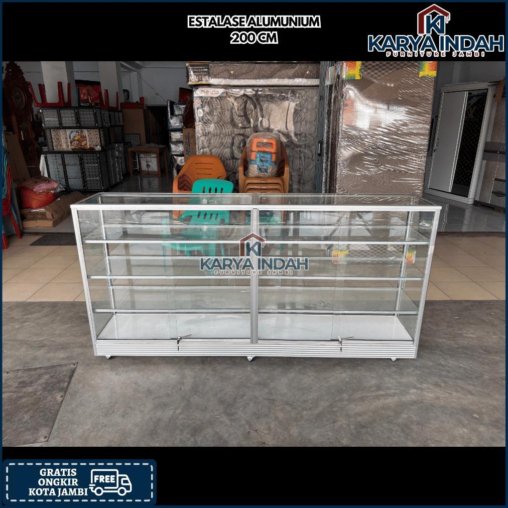 Lemari Rak Estalase ALUMUNIUM Tempat Jualan Kaca Sliding Roda Alumunium