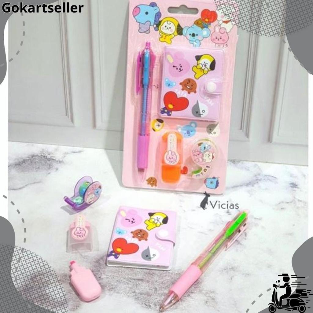 1 Set Alat Tulis 4in1 Buku Pulpen Highlighter Tape BTS Notebook BT21 Murah Cuci Gudang