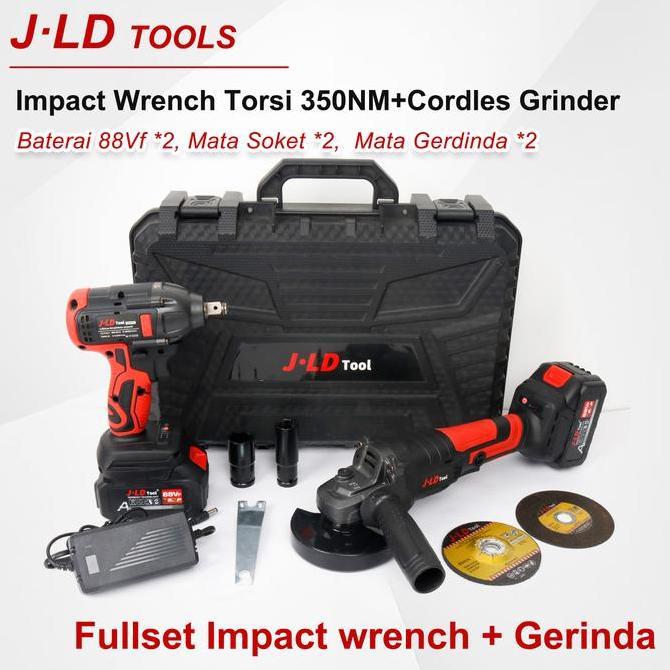 JLD Set Impact Wrench dan Gerinda Fullset Brushless Impact Baterai 88Vf 2pcs Torsi 350NM Cordless Ge