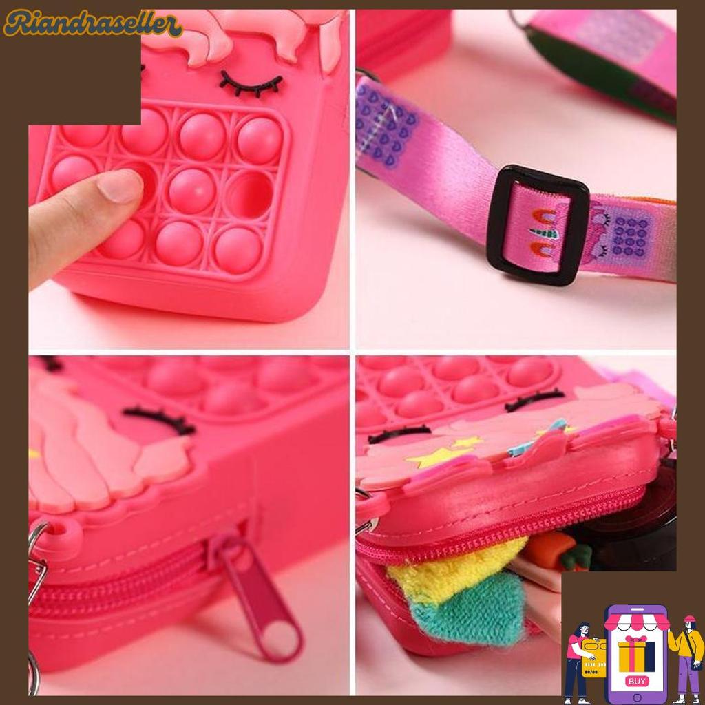 Tas pop it unicorn poni mahkota rubber jelly mainan anak Ready