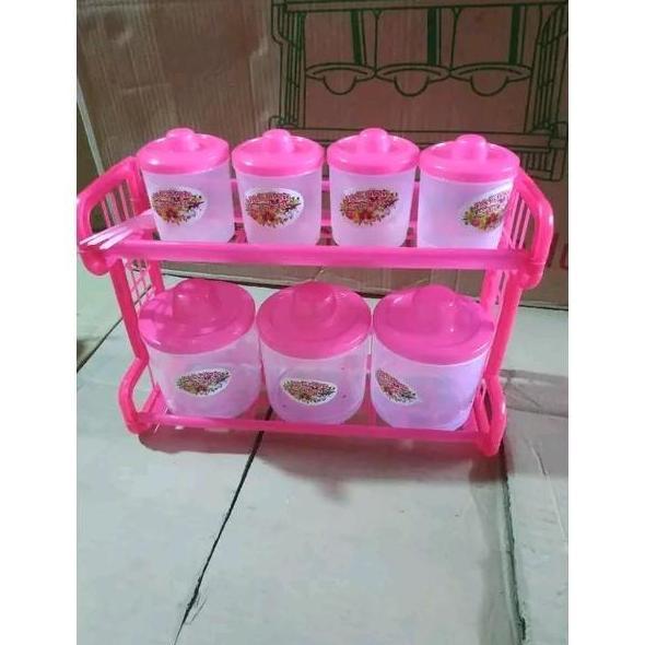 Unik Rak Tempat Bumbu Kitchen Set Monaco 7 Tabung Transparant Warna Pink | Tempat Bumbu Dapur 1 Set 