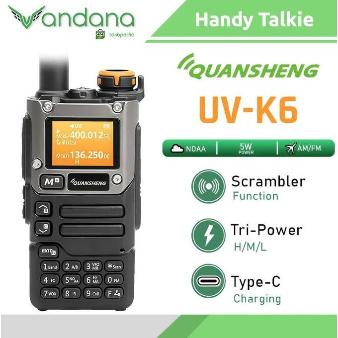 TERMURAH - HT Walkie Talkie Quansheng UV K6 UVK6 Air Band 5W UHF VHF TYPE C Charger Antena