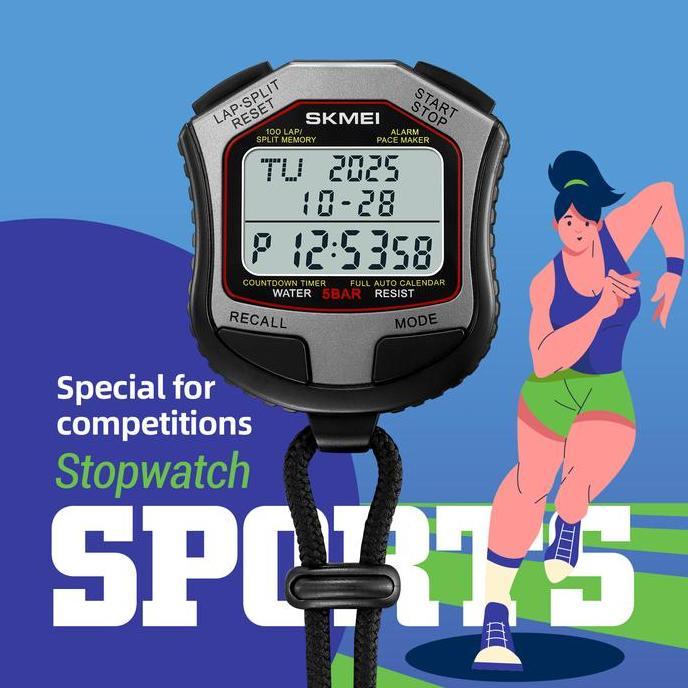 Stopwatch Olahraga Jam Pengukur Waktu Digital Memori Lap Split dengan Strap Tahan air 5 ATM SKMEI 23
