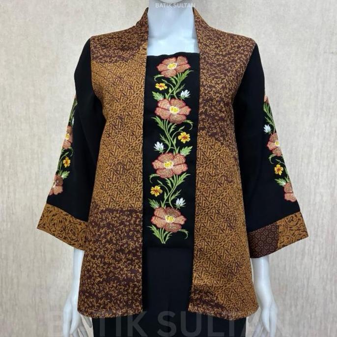 Atasan Blouse Wanita Batik Bordir Kain Katun Sogan Kombinasi Mewah Elegan Premium Lapisan Tricot Waf
