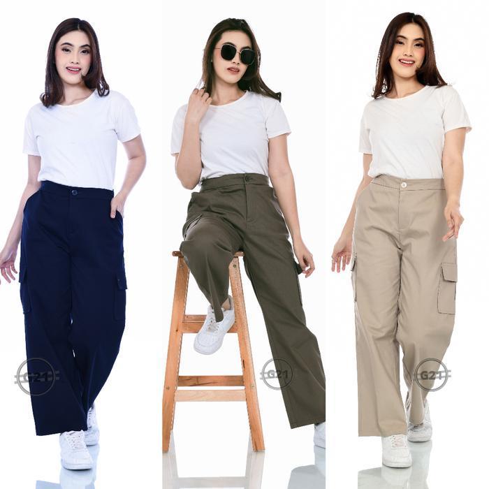 (Termurah) Celana Kulot Kargo Panjang Wanita Model Pinggang Karet Belakang Hitam Twill Katun Melar N