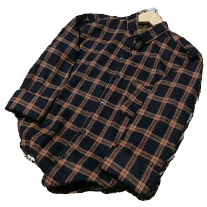 Kemeja flanel pria lengan panjang premium cowok/cewek lengan panjang baju distro Slim-fitting Hitam 