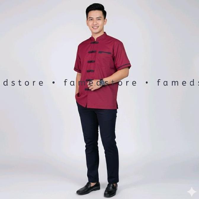Famedstore Baju Koko Muslim Cheong Sam Pria Lengan Pendek Kemeja Cina Maroon V2