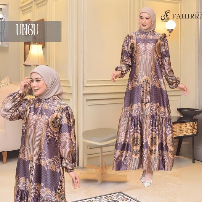 Dress Arumi Bahan Silk Premium | Gamis Kondangan Lengan Balon Motif Bunga Elegan 2025