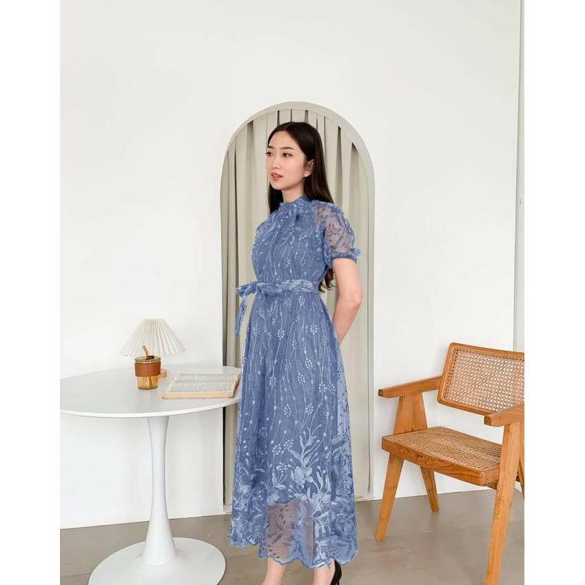 Dress wanita Terbaru korean style elegan kekinian lengan pendek casual anna Brokat Karet Mutiara Pan
