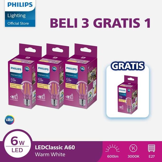 Paket Lampu Philips Beli 3 Dapat 4  Lampu Philips Filament Bohlam LED 6W A60 E27 Kuning