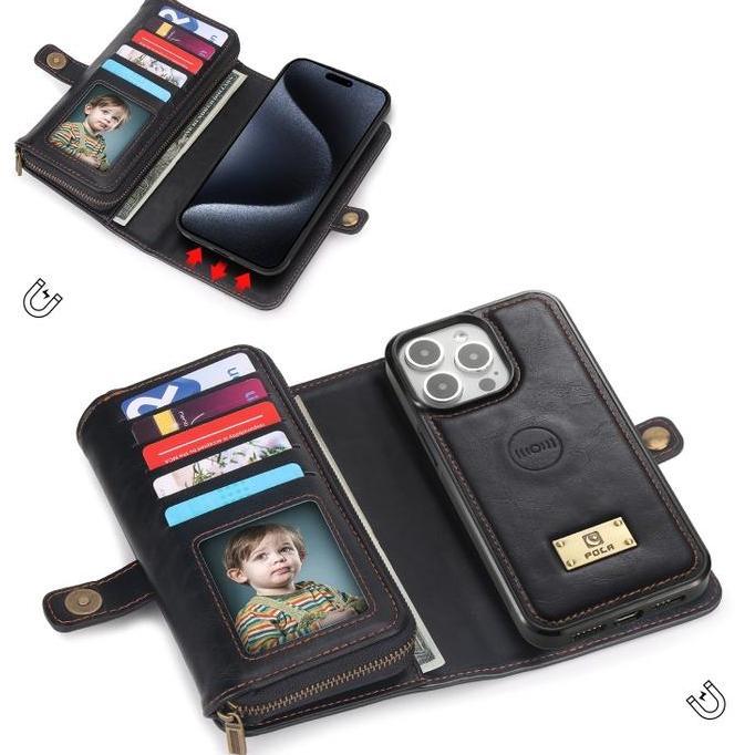 SS4125 - MULTI ZIPPER WALLET LEATHER CASE IPHONE 14 - 15 - PLUS - PRO - MAX BLACK [terbaik]