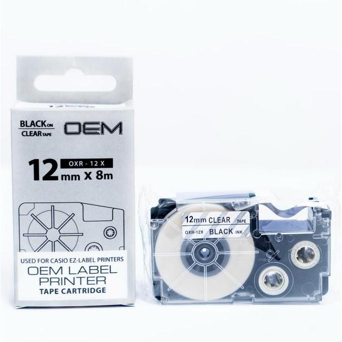 TERMURAH - OEM TAPE EZ LABEL CASIO 12MM BLACK INK CLEAR (OXR-12X)
