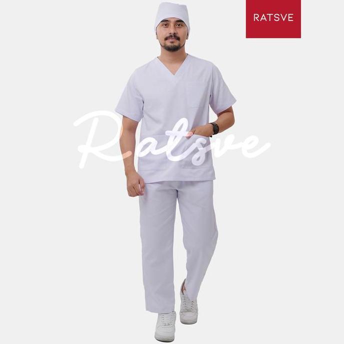 Baju Jaga Perawat / Setelan Baju OK Medis Lengan Pendek / Scrub Dokter Ratsve - Warna Putih PROMO AW