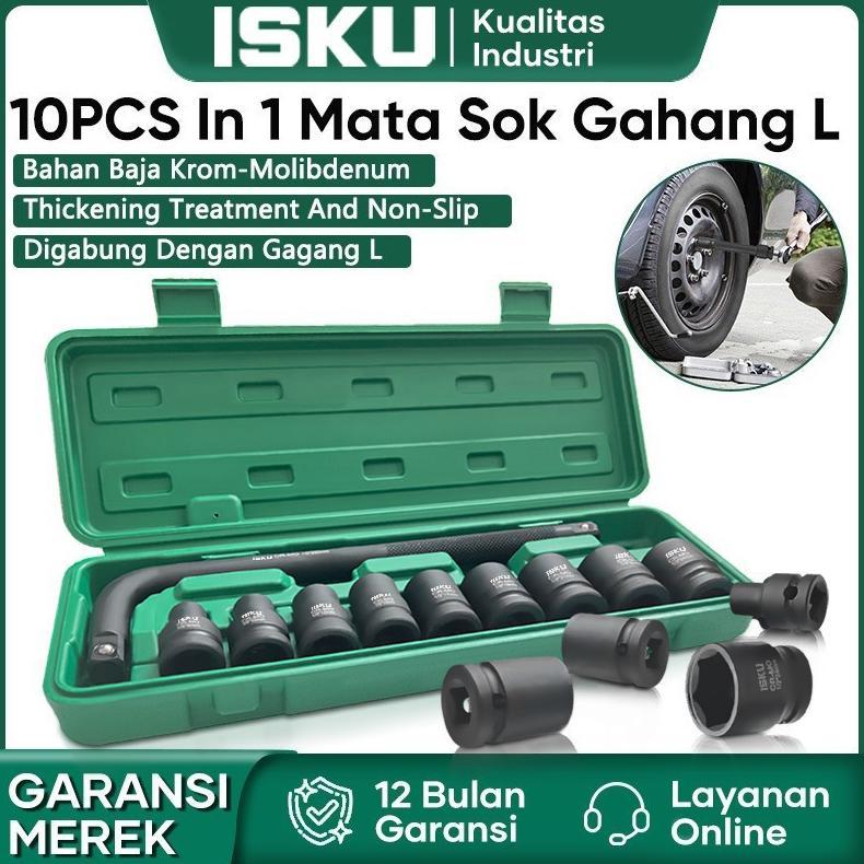 ISKU Kunci Shock Impact / Shock Set 10pcs Bahan Cr Mo Mata Sok Gagang L Dan Mata Sock Impact 8-24mm