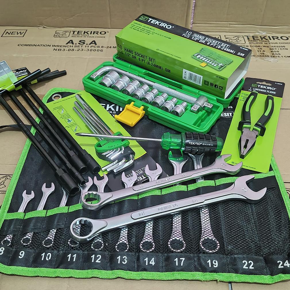 TEKIRO Paket Bengkel lengkap 6Set Box Kunci Sok+Kunci Ring Pas+Kunci L+Obeng+Tang+Kunci T / Alat Ben