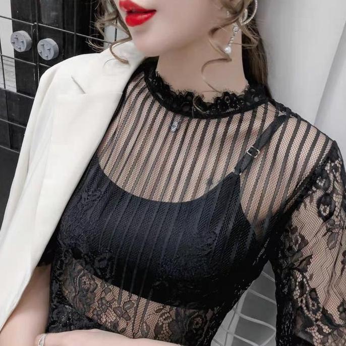 Atasan Lace Blouse Transparan Tile Motif Garis Garis Bunga Casual