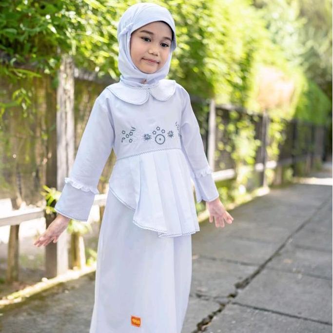 Baju Gamis Muslim Putih Anak Perempuan Katun Satu Set Jilbab Syari MADINAH Kerudung Tanggung Dress P