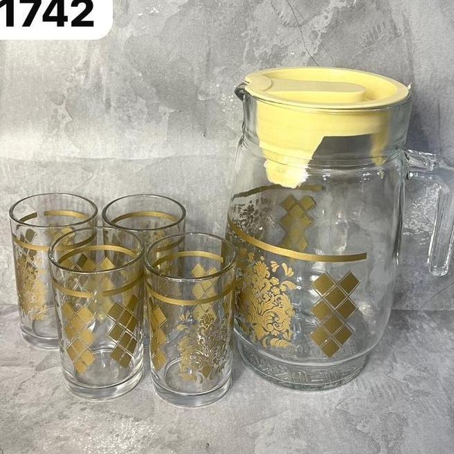 Set Teko Kaca 5 In 1 Motif Emas Teko Kaca Untuk Teh Tea