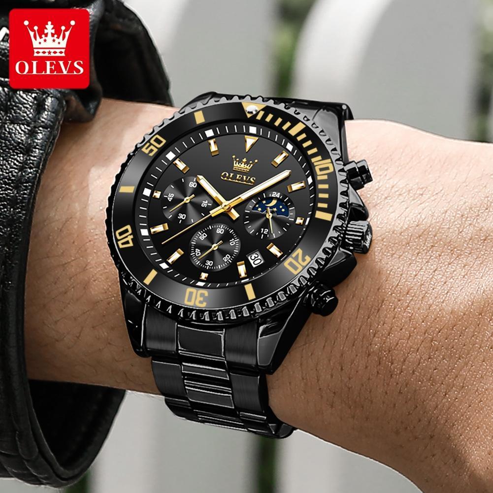 Olevs Jam Tangan Pria Anti Air Original Stainless Steel Chronograph Multifungsi Luminous Emas Men Wa
