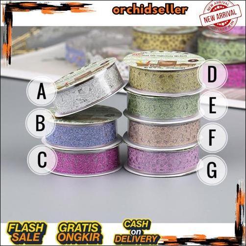 1 meter Stiker washi tape renda lace glitter 1 roll selotip dekorasi diy scrapbook COD