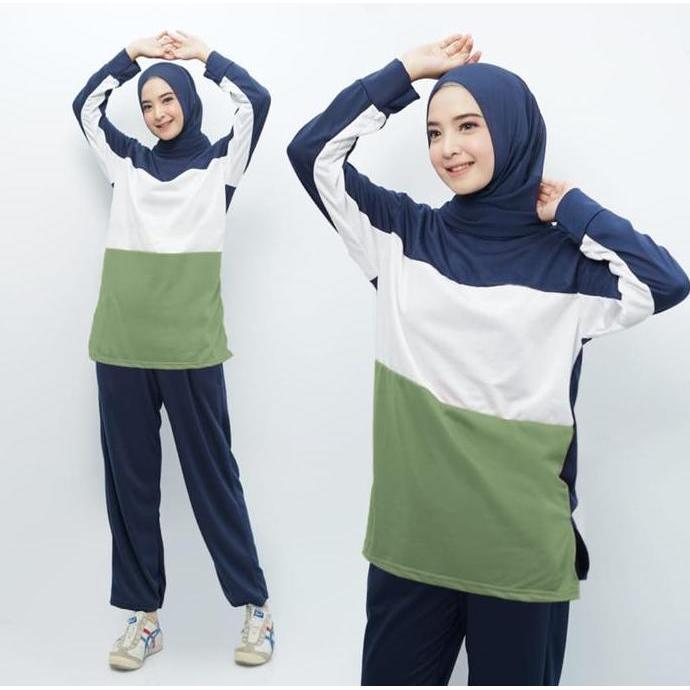 Hot Promo, Setelan Baju Olahraga Senam Training Wanita Muslim Hijab Lengan Dan Celana Panjang Ukuran