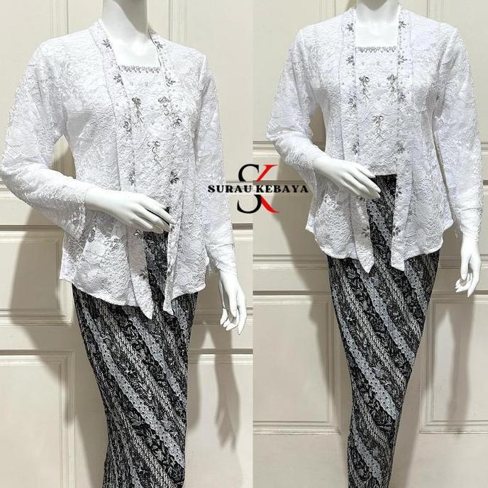 Setelan Kebaya Kutubaru Brokat Kombinasi Payet Dengan Bawahan Rok Plisket Batik / Set Wisuda Premium