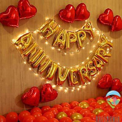 LED SET Balon Foil Happy Anniversary Red Gold / Balloon Decoration