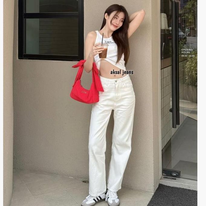 Celana Kulot Jeans Wanita Highwaist Warna Putih Broken White