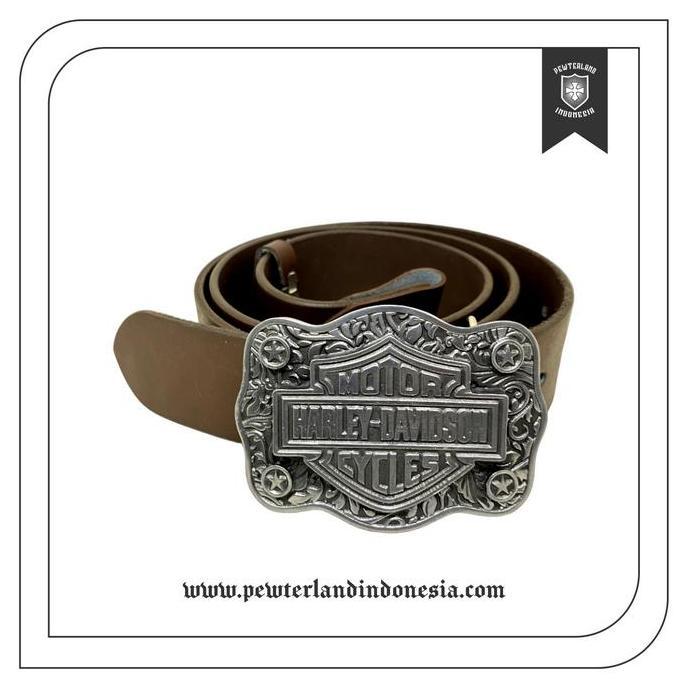 Pewterland Belt Buckle Harley Davidson Kepala Sabuk Logam Timah Sabuk Kulit Asli Hitam Coklat Pria w