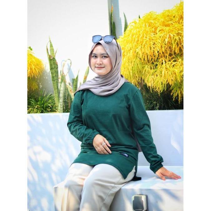 Ready Kaos atasan tunik wanita polos warna hijau botol - atasan muslim wanita lengan panjang karet k