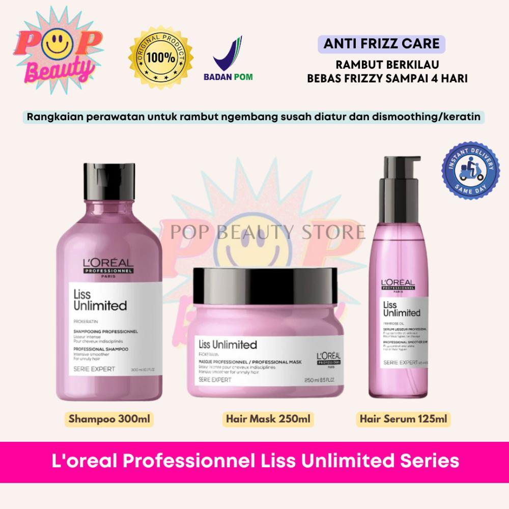 Loreal Serie Exprert Liss Unlimited Lembut Prokeratin Shampoo Hair Mask Blow Dry Serum Rambut Smooth