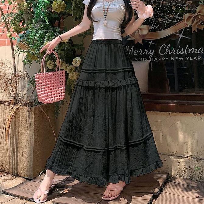 Longskirt Korea Rok Wanita Slub Elegan / Rok Panjang Wanita A-Line
