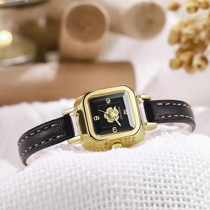 Watchtime- Jam Tangan Wanita Korea Original Tali Kulit Flower Jam Persegi Kecil Jam Tangan Cewek Wat