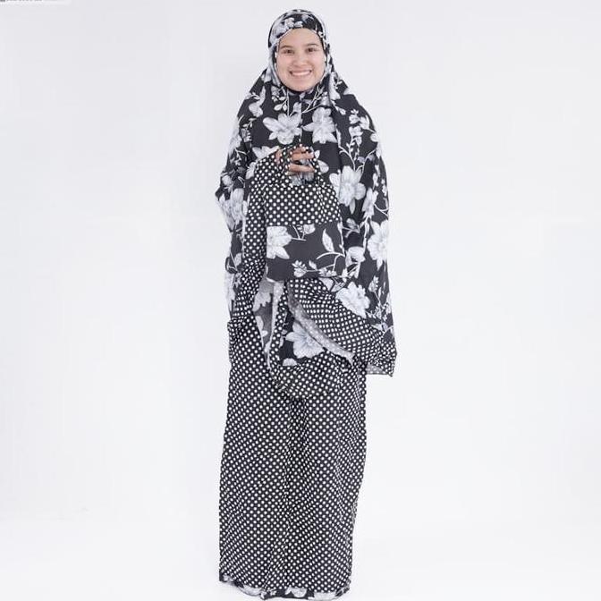 Mukena Katun Jepang Rempel Terbaru Bunga Putih Polkadot Hitam Terlaris