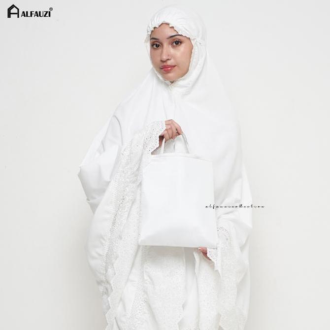 Promo ALFAUZI - Mukena Dewasa Putih Polos Renda Bordir | Mukena Aisyah Atasan Bawahan Katun Cream Di
