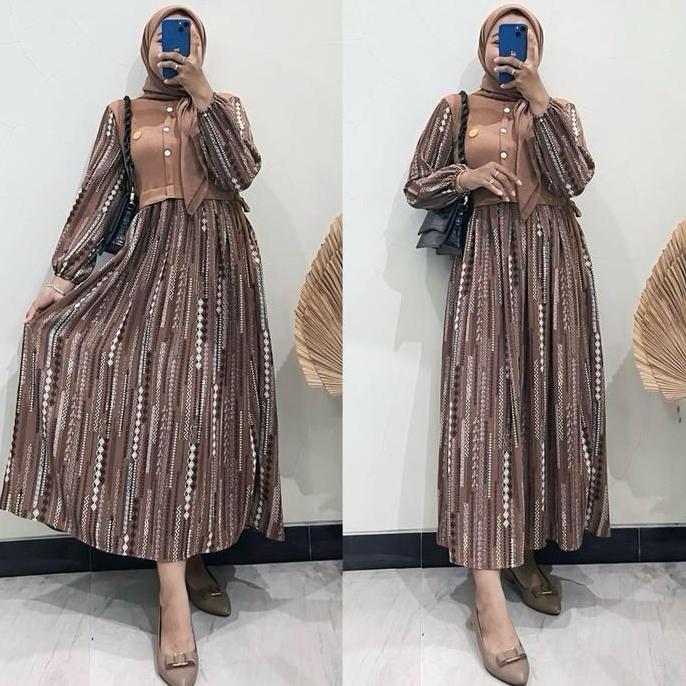 Regreg- Monalisa Midi Dress Rompi Vest Perpaduan Crinkle Aleva X Knit Premium Muslim Gamis Wanita Bu